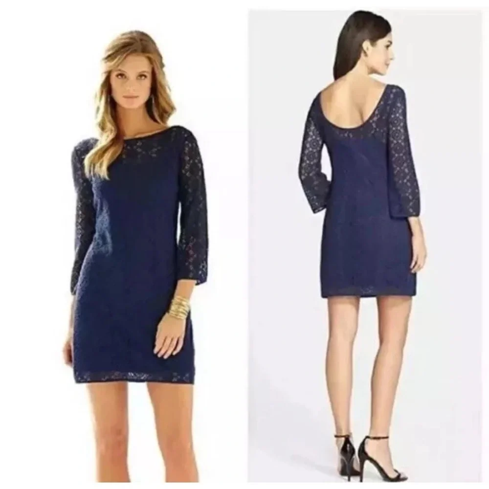 Lilly Pulitzer Topanga True Navy Blue Breakers Lace Dress Medium Bell Sleeves - Picture 1 of 13